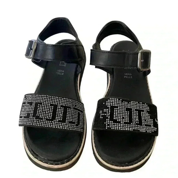 Black Leather Embellished Open Toe Adjustable Strap Closure Big SZ 35 (3.5 US) - Picture 2 of 10